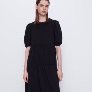 Zara Puff Sleeve Black Tier Long Midi Dress